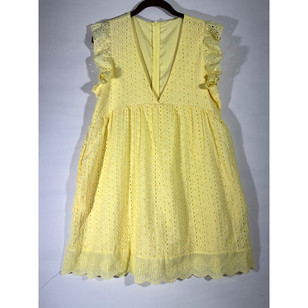 Eyelet Ruffle Sleeve Mini Dress Romper Women S‎ Yellow W/Pockets Scalloped Hem